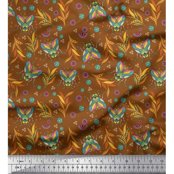 Soimoi Georgette Viscose Fabric Leaves,Floral & Housefly Insects Decor Fabric Printed Yard 42 Inch Wide