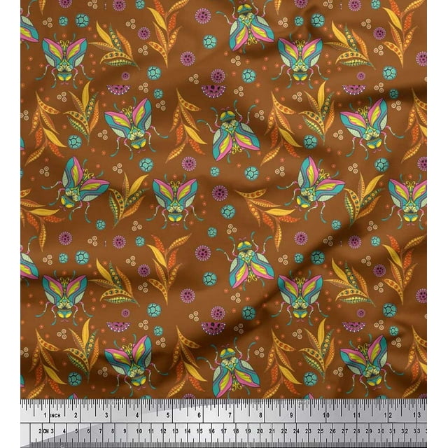 Soimoi Polyester Crepe Fabric Leaves,Floral & Housefly Insects Decor Fabric Printed Yard 42 Inch Wide