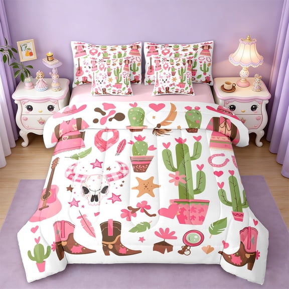 jejeloiu Wastern Cowgirl Boots Twin Bedding Sets 7-Piece,Rustic Bull Skull Bedding Comforter Set,Cartoon Plant Cactus Sheet Sets For Girl Kids,Breathable Bedroom Decoration Reversible
