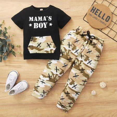 

Newway 12M-4Y Summer Boy Outfits Short Sleeve Letter Print T-shirt Tops+Camouflage Trouser Pants Casual Costume Set Cool Boy Set