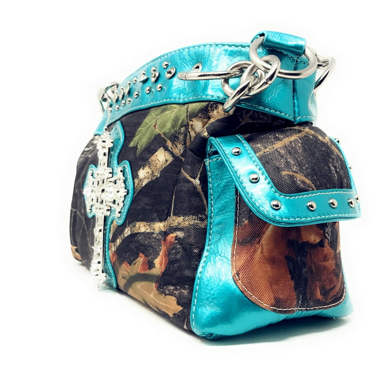 Texas West Premium Rhinestone Camouflage Cross Leather Women s Handbag Purse Matching Wallet One Set in Multi Colors Size One size Blue