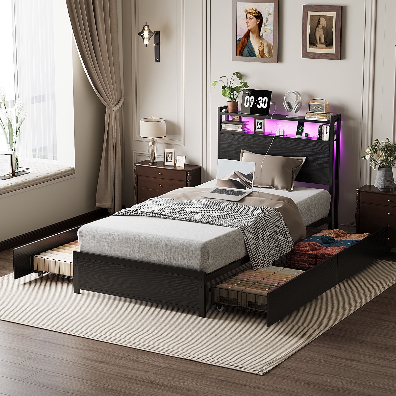 Zimtown Twin Bed Frame with 2-Tier Storage Headboard, Metal Platform Bed Frame with 4 Storage Drawers, Built in Charging Station & LED, Black