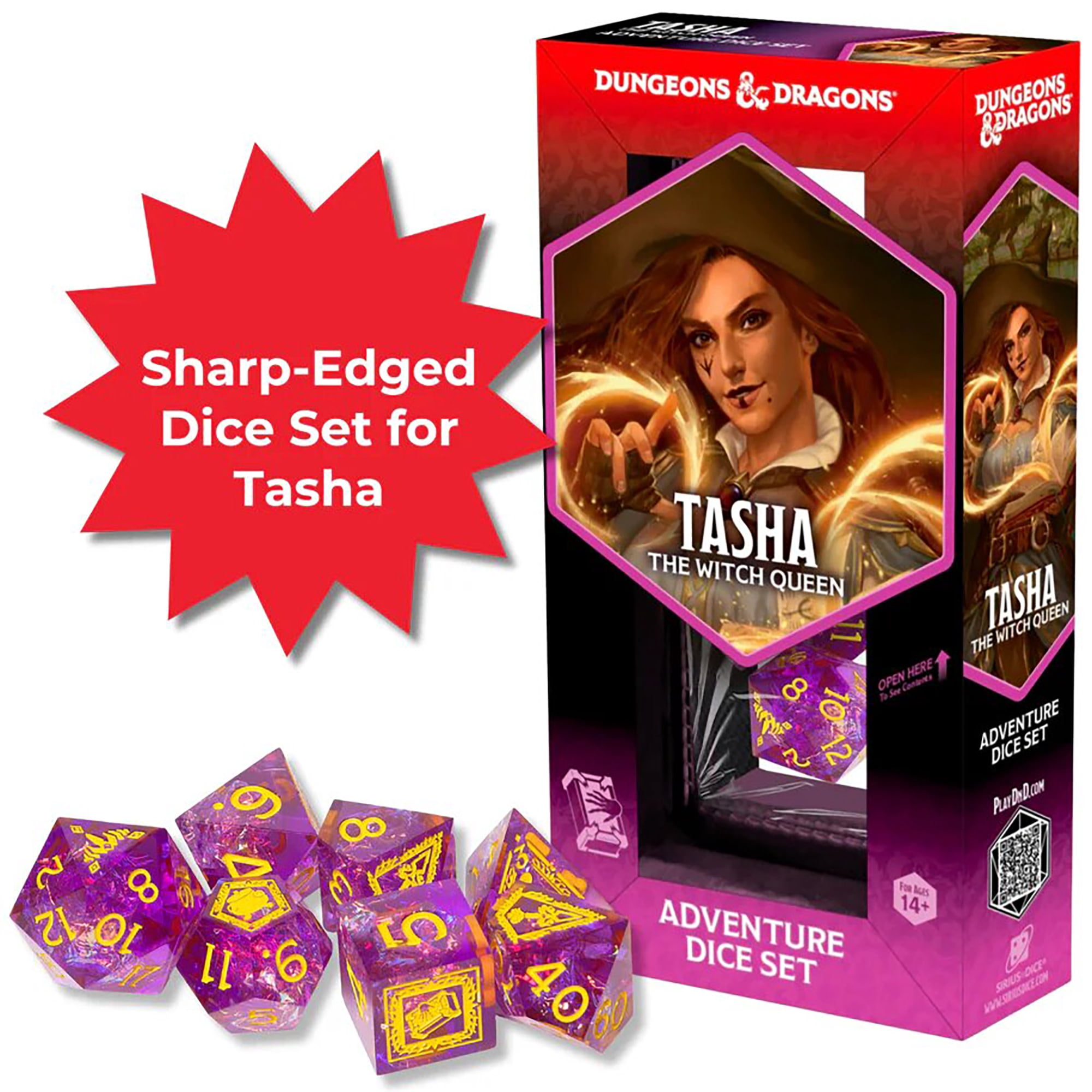 Dungeons & Dragons: D&D Adventure Dice: Tasha the Witch Queen – 7pc Purple & Yellow, RPG Character Die Set, Sharp-Edged, Collectible, Sirius Dice