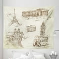 thumbnail image 1 of Hand Drawn Tapestry, Sketch Art Group of Travel over European Landmarks and Vintage Style Suitcase, Fabric Wall Hanging Decor for Bedroom Living Room Dorm, 5 Sizes, Brown Cream, by Ambesonne, 1 of 1