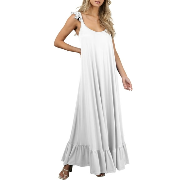 Doublju Women's Scoop Neck Ruffle Trim Maxi Long Dress (Plus Size Available)