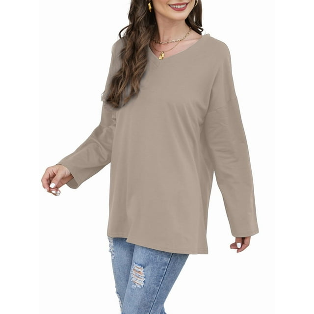 Womens Tops Long Sleeve V Neck Casual Tunic Tops Basic Shirts Loose Fit Blouse S
