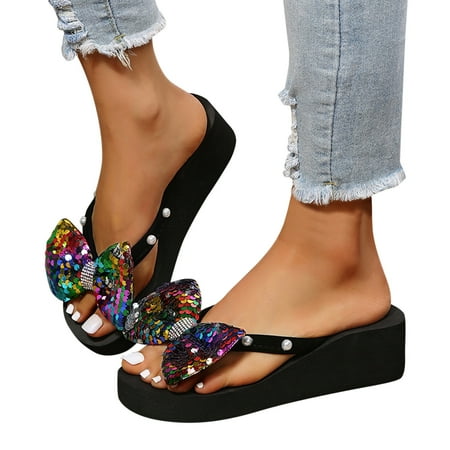 

ZIZOCWA Cute Bow Flip Flops for Women Summer Thick Bottom Wedge Heels Pearl Casual Style Slippers Soft Sole Lightweight Beach Sandals Camouflage Size7