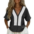 thumbnail image 2 of Uootdi Ladies Casual Shirts Plain Hollow Out Placket V Neck Short Sleeve Linen Shirt Soft Breathable Daily Wear Blouses Gift, 2 of 9