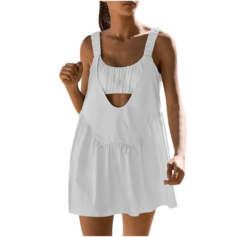 Trendy Tennis Dress for Women Sleeveless Cut Out Golf Dress Built in Bra  and Shorts Athletic Workout Outfits (Medium, White) 