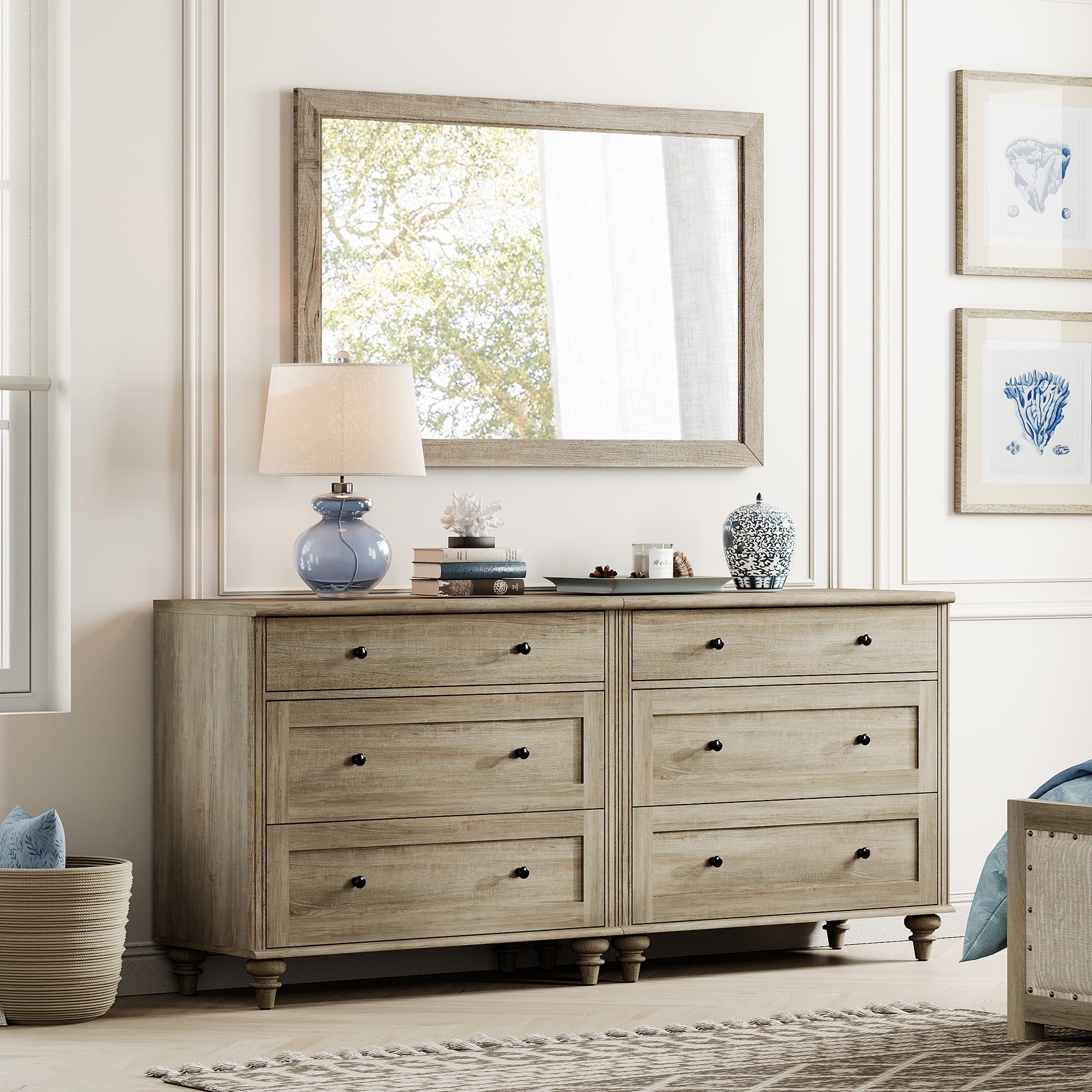 Farmhouse Nightstand with 3 Drawers, Set of 2 Large 3 Drawers Wood Bedside Table Night Stand, Wide Sofa Side End Table Chest of Dresser for Living Room, Bedroom, Grey, 34 inch