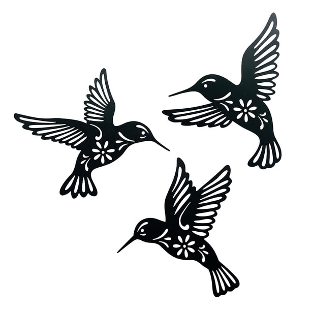 WAIU Decoración de pared de colibrí de metal, 9.0 in, juego de 3 colgantes decorativos simples negros para sala de estar, dormitorio, cocina, patio, balcón, casa, opciones de regalo únicas