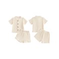 thumbnail image 2 of BemeyourBBs Toddler Baby Boy Summer Clothes 2 Pieces Cotton Linen Outfit Solid Color Mock Neck Short Sleeve Button Down Shirt and Shorts Set, 2 of 9
