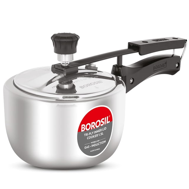 Triply Inner Lid Stainless Steel Pressure Cooker - 1.5 Liters, Silver | Stay Cool Handles, Even Heat Distribution - Gas & Induction Campatible