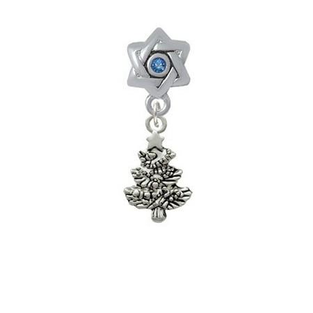 Christmas Tree Star Charm - Antiqued Christmas Tree - Star of David with Blue Crystal Charm Bead