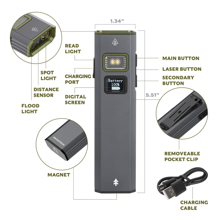 Swiss Tech Dunn 2500 Lumen Flat EDC Rechargeable LED Flashlight