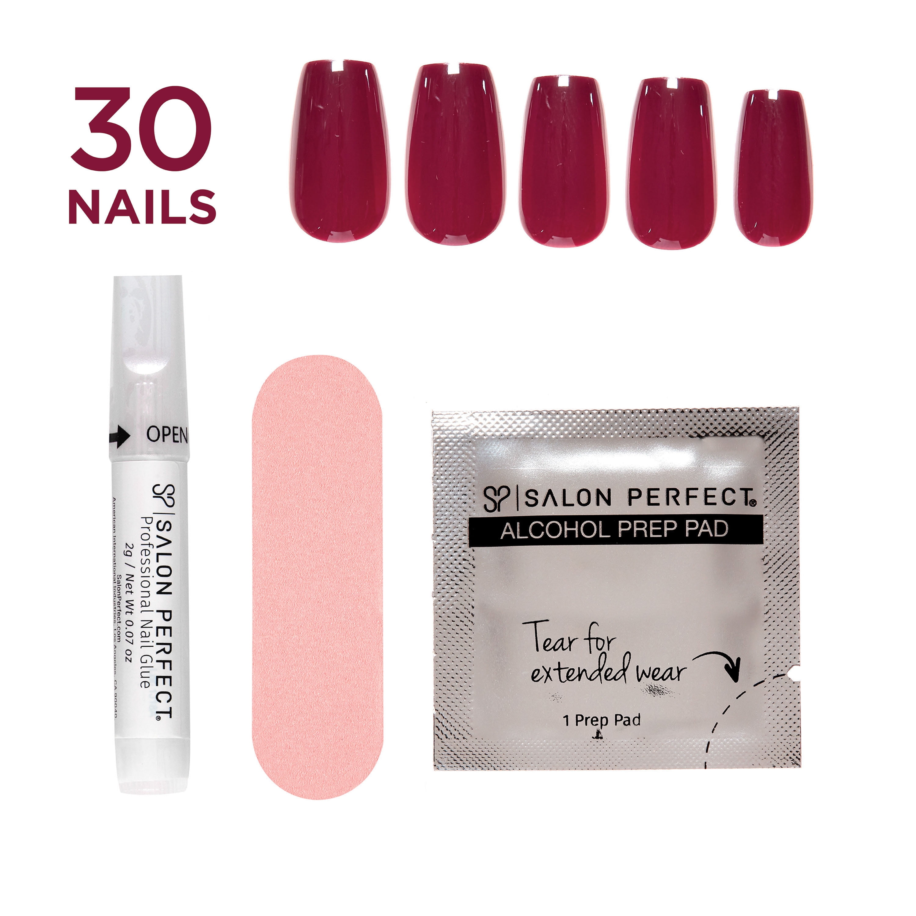 Salon Perfect Halloween Thrill Medium Coffin Press-On Nails with Glue & File, Burgundy Glaze, 30 Pieces