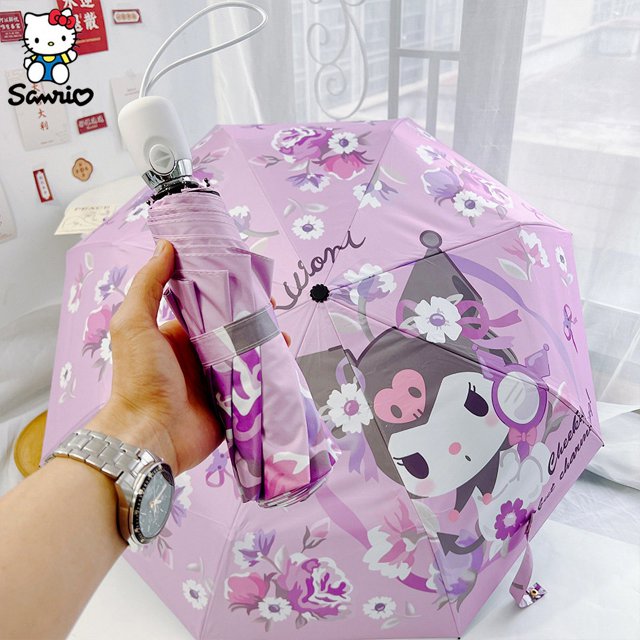 Sanrio Kuromi-sombrilla portátil plegable para mujer, sombrilla de dibujos animados de Anime, Anti UV, 3 pliegues