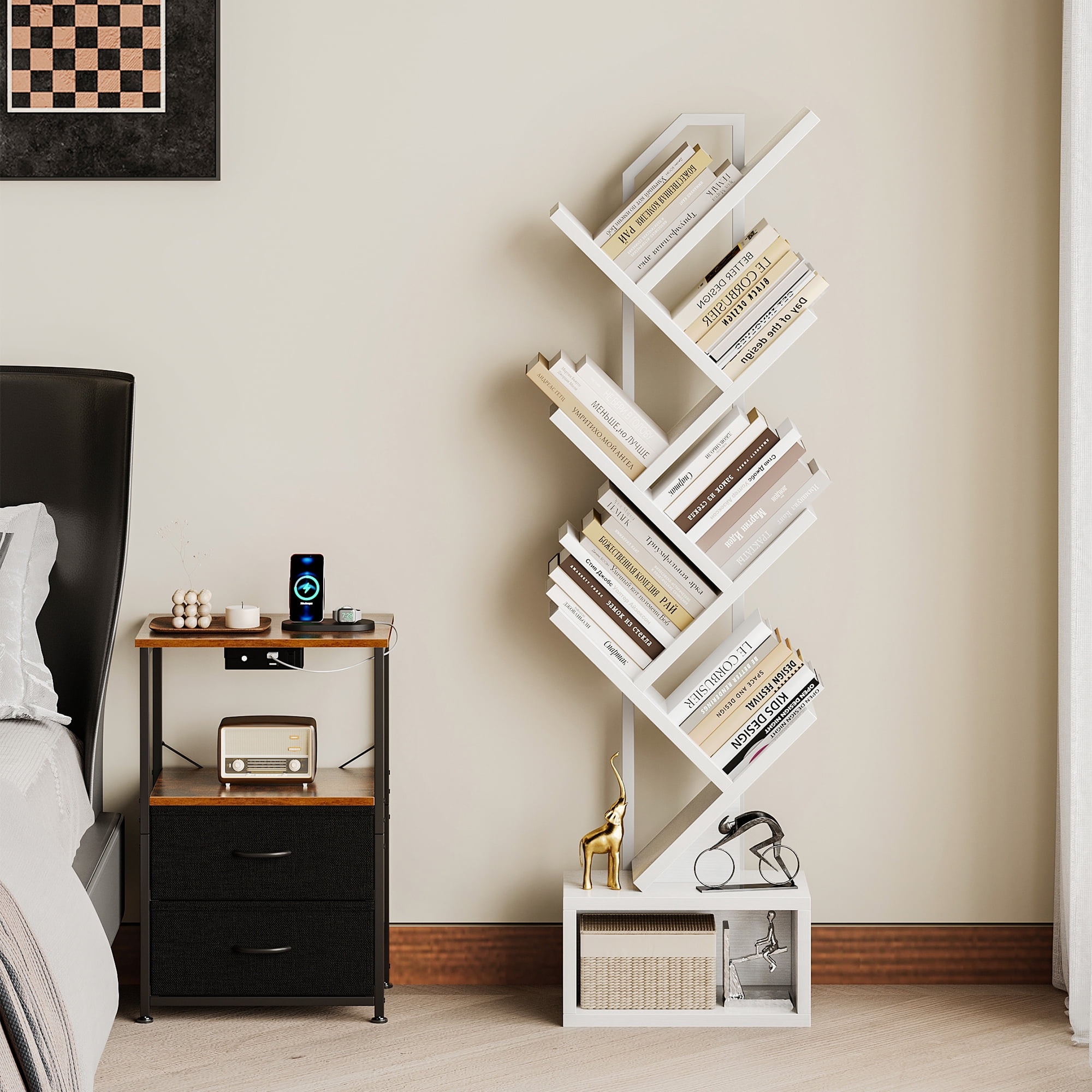 Casacomoda 6-Tier Tree Bookshelf for Corner & Small Space — Narrow Steel & Wood Bookcase, Tall Floor Standing Book Organizer Shelf with Storage Cabinet, Home Decor for Living Room, Bedroom, White