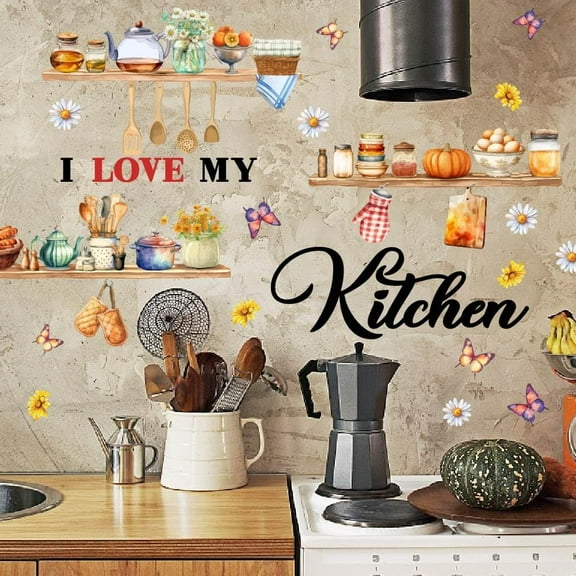 I Love My Kitchen Wall Decor Kitchenware and Ingredients Wall Sticker Home Watercolor Vinyl Peel and Stick Sticker Ingredients Decals DIY