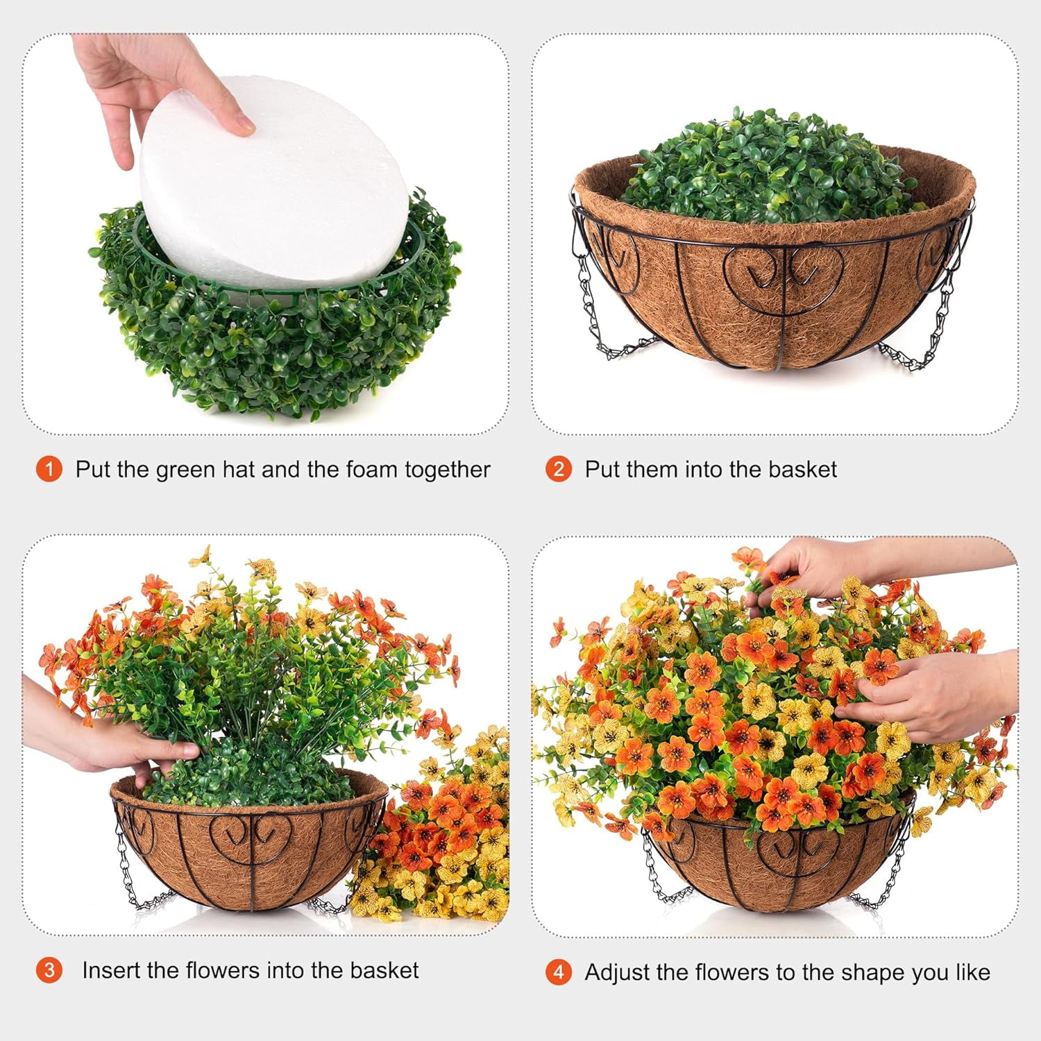 Artificial Fake Hanging Plants Flowers Basket for Fall Autumn Outdoor Decor, Faux Silk Orange Dasiy Flower Look Real UV Resistant for Outside Porch Home Patio Garden Decoration