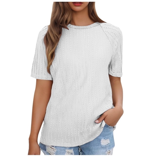 Liquidation! Uooqdmx T-Shirts à Manches Courtes pour Femmes, Hauts Crochet pour Femmes, T-Shirt Uni pour Femmes, T-Shirts Légers Col Rond Tunique Basique, T-Shirts Basiques pour Femmes, Blanc L