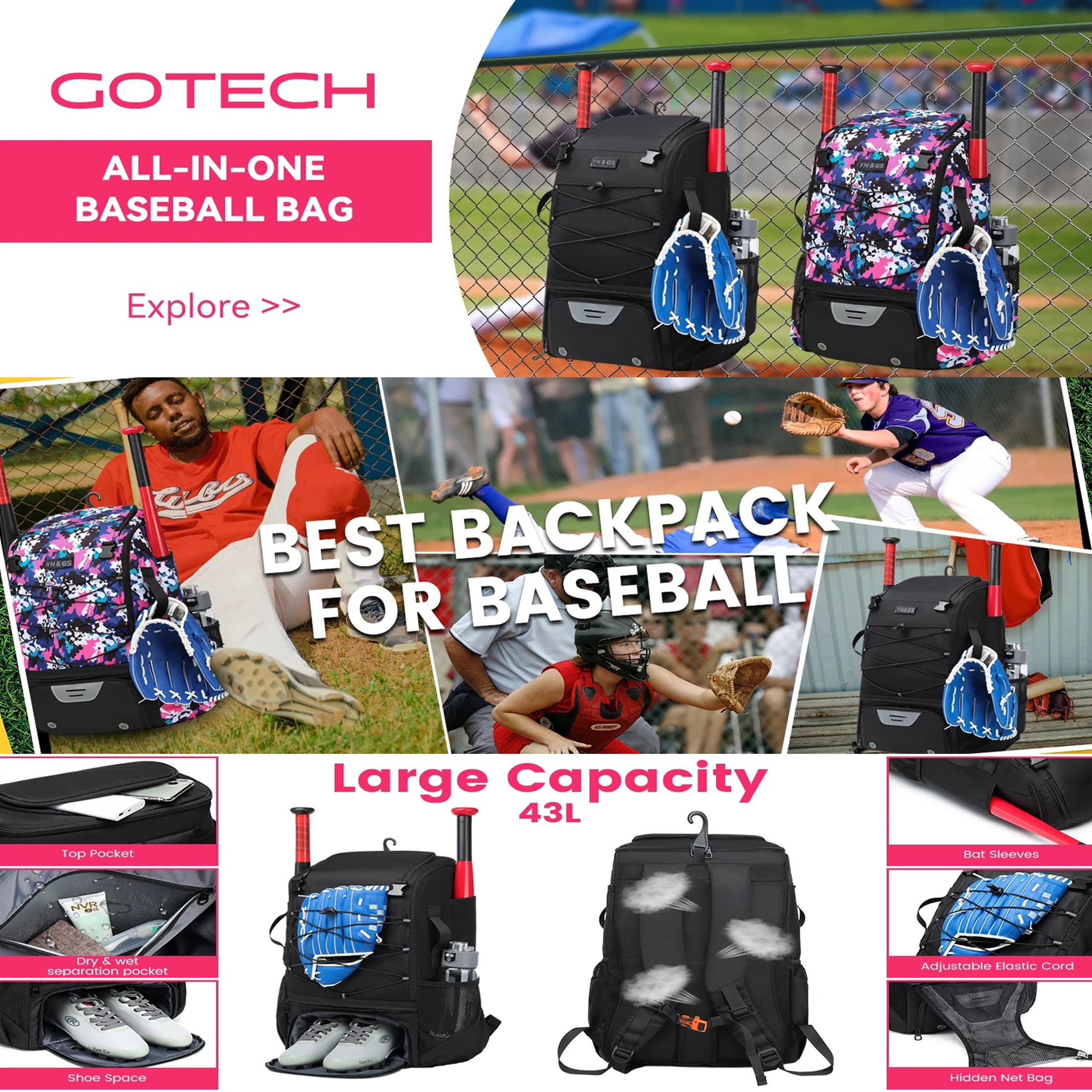 Baseball Sports Backpack – Waterproof & Durable Training Duffel Bag with Multiple Compartments, Ventilated Shoe Storage, and Padded Laptop Sleeve for Athletes & Outdoor Use