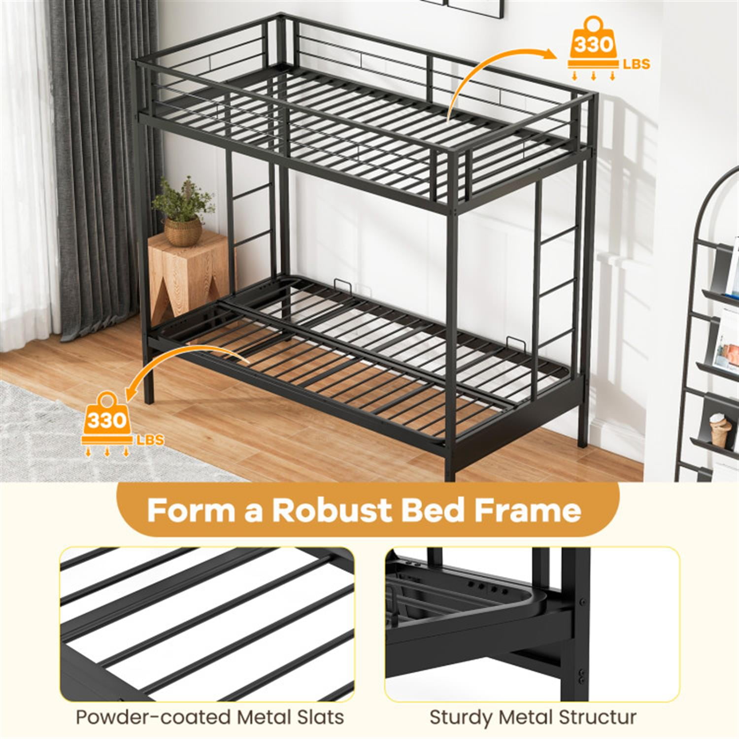Demi Bonn Twin Over Futon Bunk Bed with 2 Ladders and Safety Guardrails, Metal Bunkbeds for Bedroom, No Box Spring Needed, Black