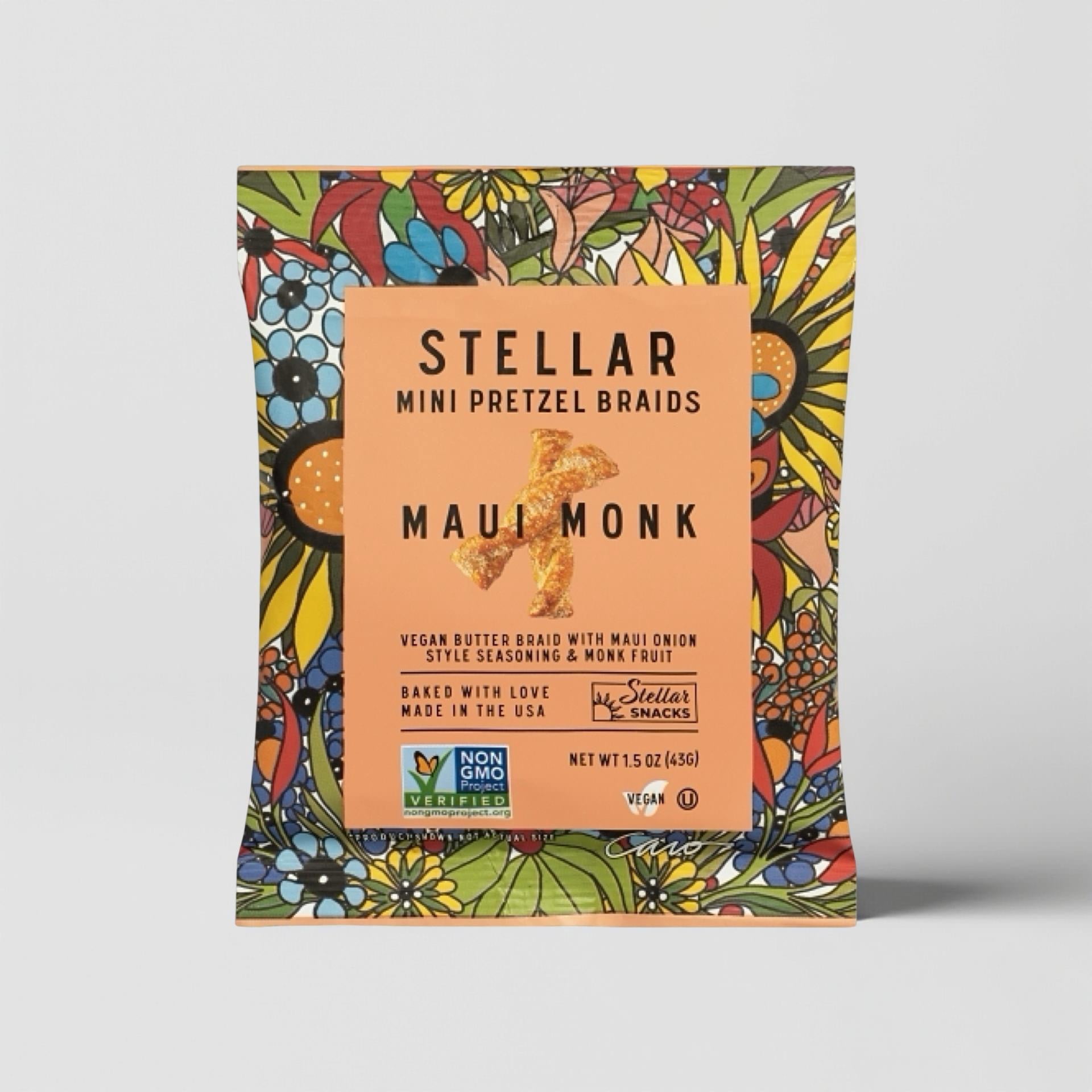 Stellar Pretzel Braids, Maui Monk Sweet Onion, 24 Mini Individual Bags (1.5 oz each) Vegan Pretzel Rods, Sticks
