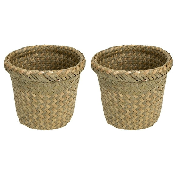 2 Count Woven Storage Basket Rattan Waste Paper Bin Bins Junk Case Dark Green