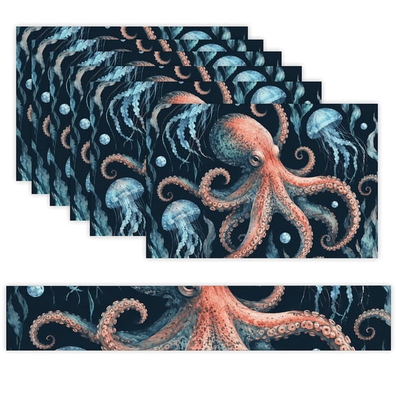 7 Piece Linen Table Runner and Placemats Set, Octopus And Jellyfish Round Corner Heat Resistant Washable Table Mats for Home Kitchen Dining Party Decoration