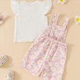 thumbnail image 2 of kaprioy Toddler Baby Girls Summer Outfits 12 18 24 Months 2T 3T 4T 5T Solid Color Ribbed Short Sleeve T-Shirt with Daisy Printed Overall Shorts 2 Pcs Suspenders Suit, 2 of 5