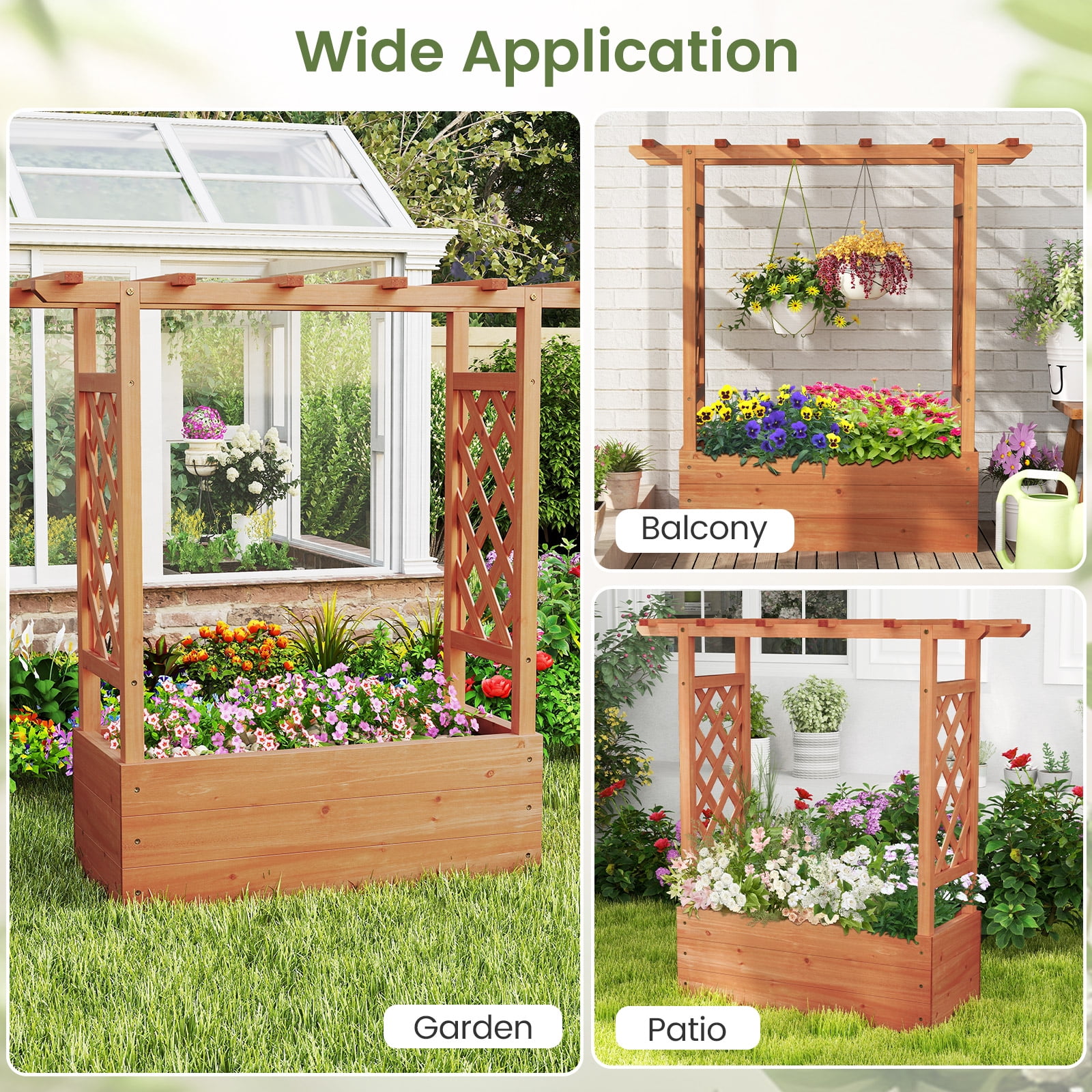 Patiojoy Raised Garden Bed with Trellis Indoor & Outdoor Planter Box with Top & Side Trellis Drainage Holes Elevated Feet for Vine Climbing Plant