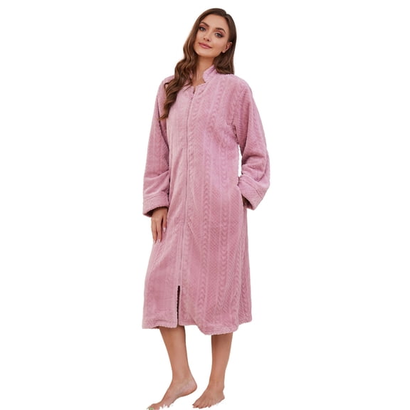 U2SKIIN Women Plush Zipper Robe, Long Fleece House Coat Nightgown with Pockets Solid Bathrobe (Light Pink, L/XL)