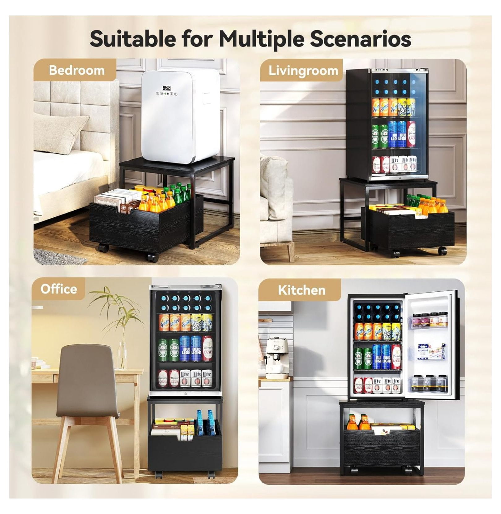 Mini Fridge Stand with Storage, Mini Fridge Stand Table Shelf with Lockable Mobile Wheel, Beverage Compact Refrigerator Stand Storage Cabinet Appliance Platform for Dorm, Apartment,Office
