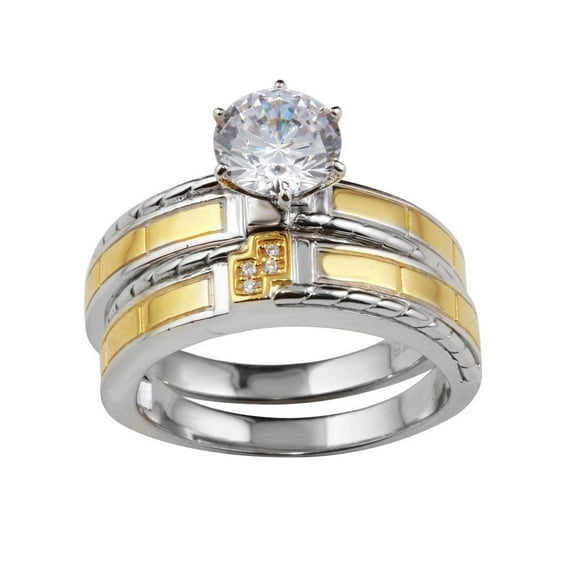 Two-Tone 925 Gold Plated Sterling Silver Wedding Ring Set Band White CZ Jewelry Female Size 5