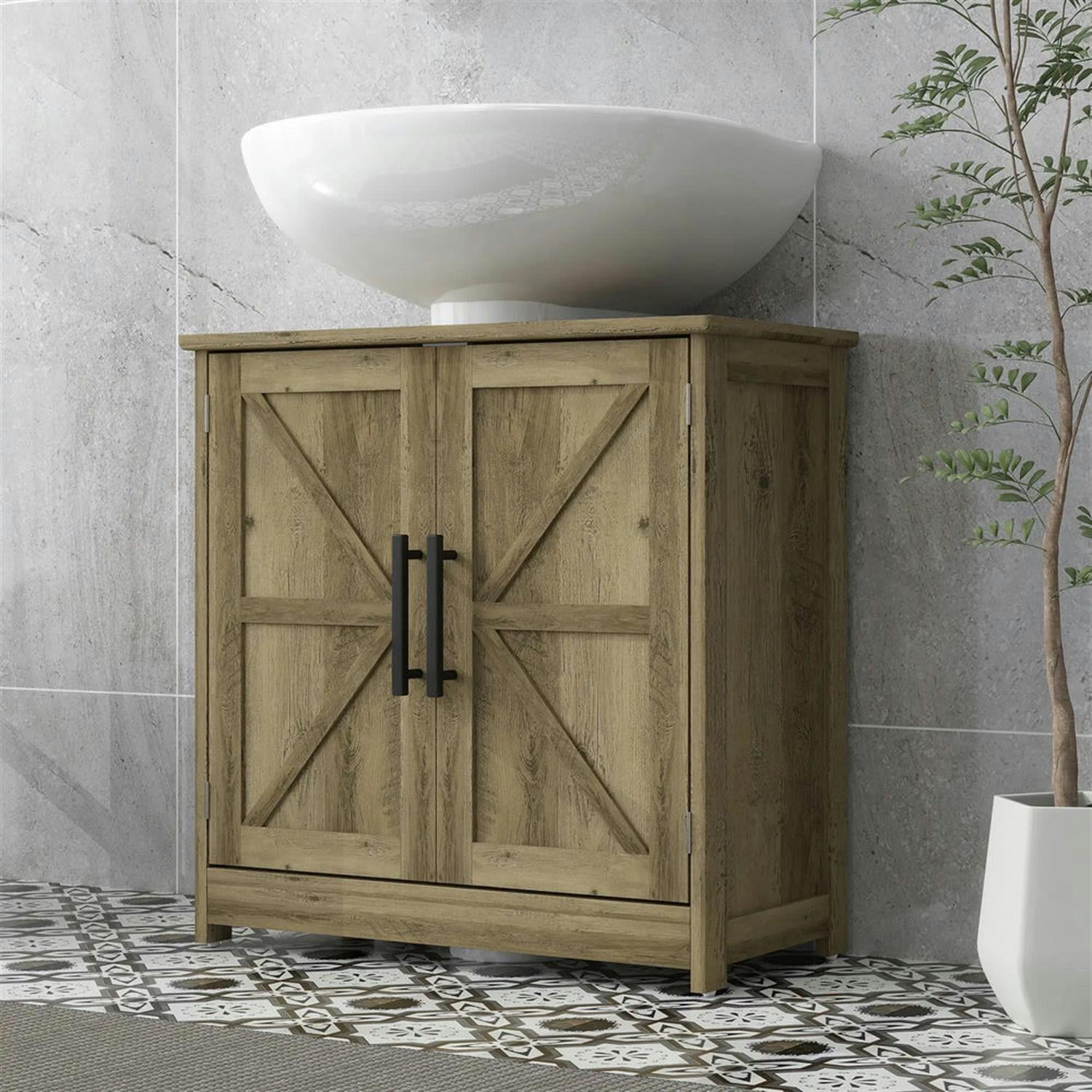 Demi Bonn 23" Farmhouse Bathroom Vanity with U-Shape Cut-Out and Adjustable Shelves, Pedestal Sink 2 Barn Door Cabinet, Under Sink Cabinet, Gray