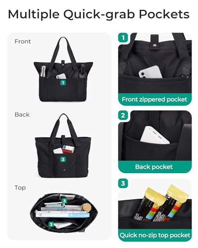 BAGSMART Tote Bag for Women, Foldable Tote Bag With Zipper Travel Large Shoulder Bag Handbag for Work, Black