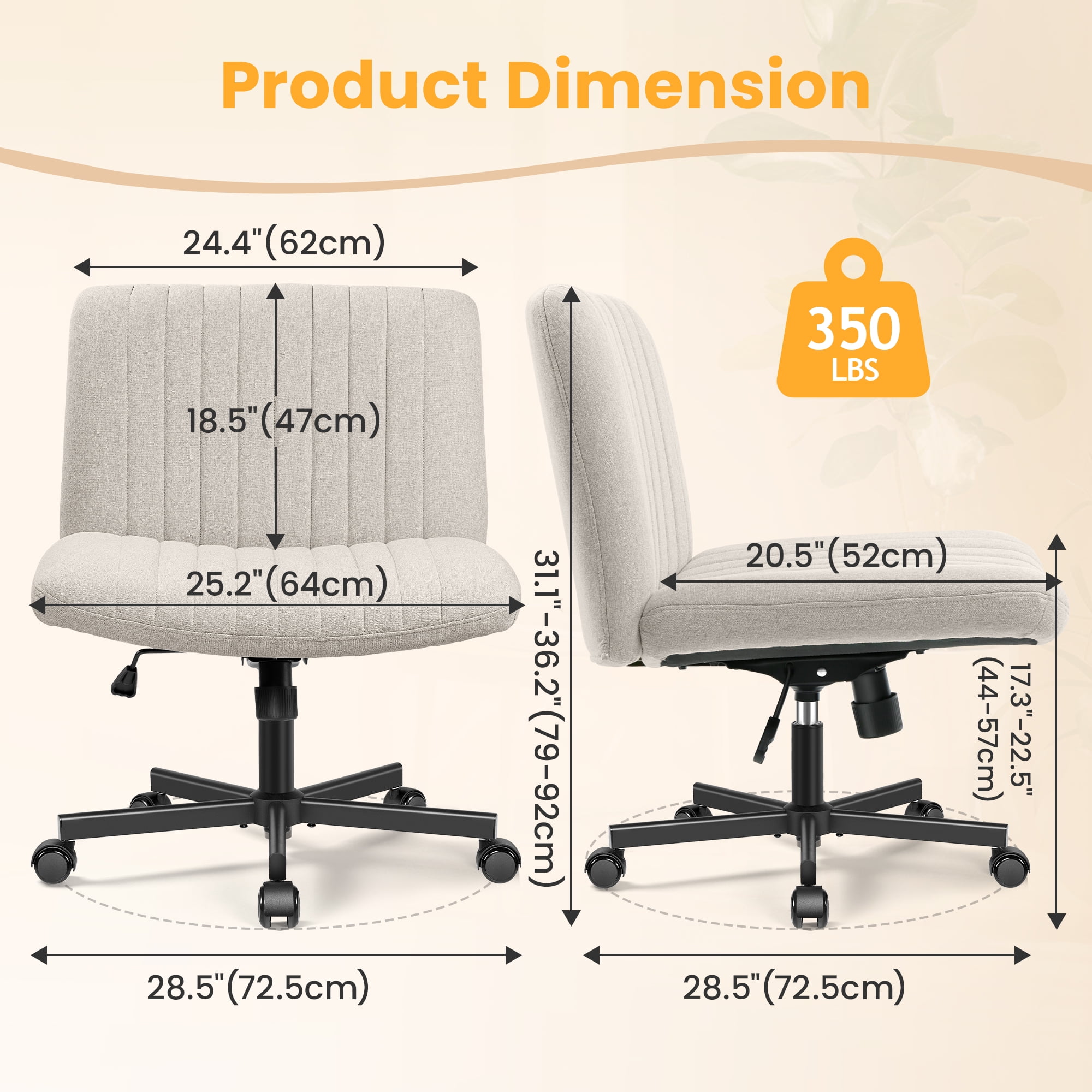 COOLHUT Office Chair Armless Criss Cross Legged Chair with Wheels, Linen Fabric Comfy Home Office Desk Chairs, Wide Seat Vanity Task Computer Chair, Beige