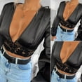 thumbnail image 2 of Seyurigaoka Women Sexy Shirts Lace Hollow Out Satin V-Neck Long Sleeve Blouse, 2 of 4