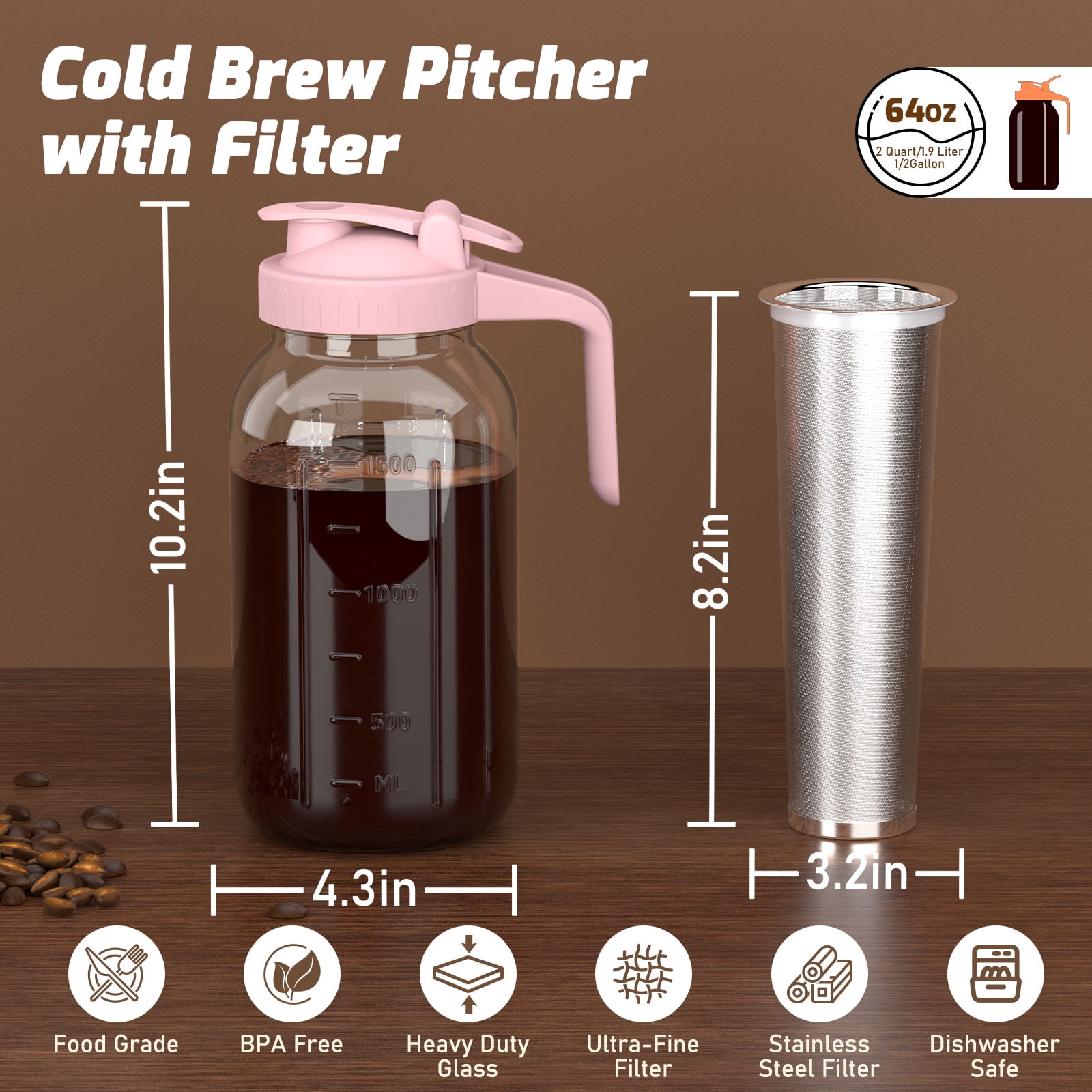 VA1KENE Cold Brew Coffee Pitcher 64oz Cold Brew Maker with Stainless Steel Filter Mason Jar Pitcher Pour Spout Handle Lid for Iced Coffee Tea Lemonade Pink
