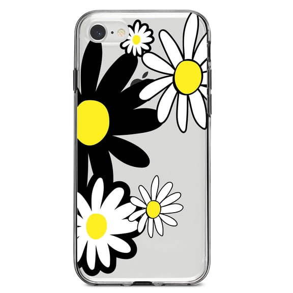 DistinctInk Clear Shockproof Hybrid Case for iPhone 7 8 SE (2020 Model) 4.7" Screen TPU Bumper Acrylic Back Tempered Glass Screen Protector - Black & Yellow Modern Daisies