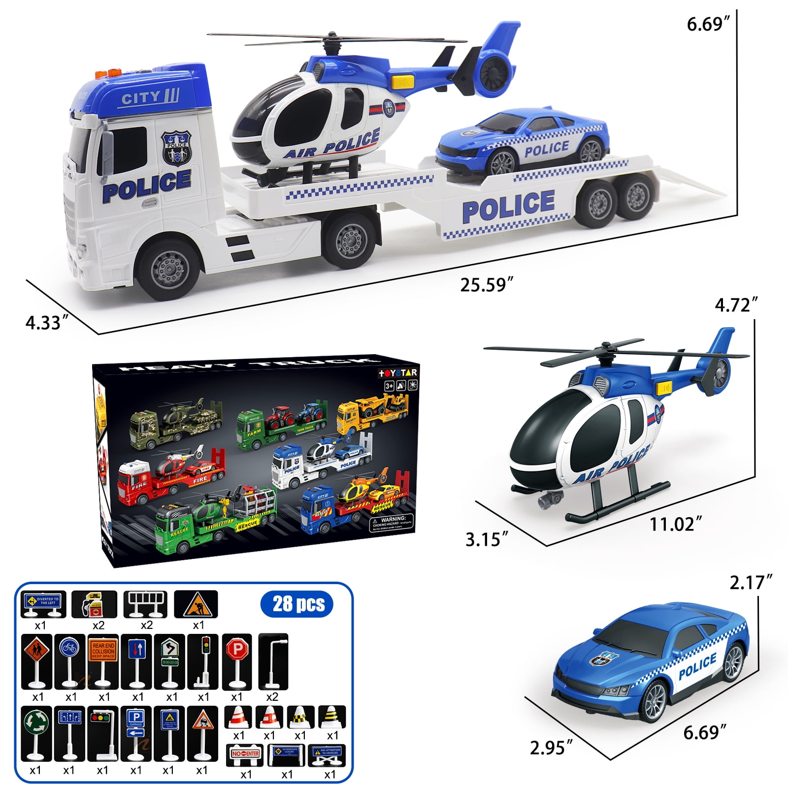 3 in 1 Large Police Truck Toy, 25" Semi Flatbed Truck Toy with Racing Car and Helicopter, Friction Powered Vehicles Toys with Lights and Sounds
