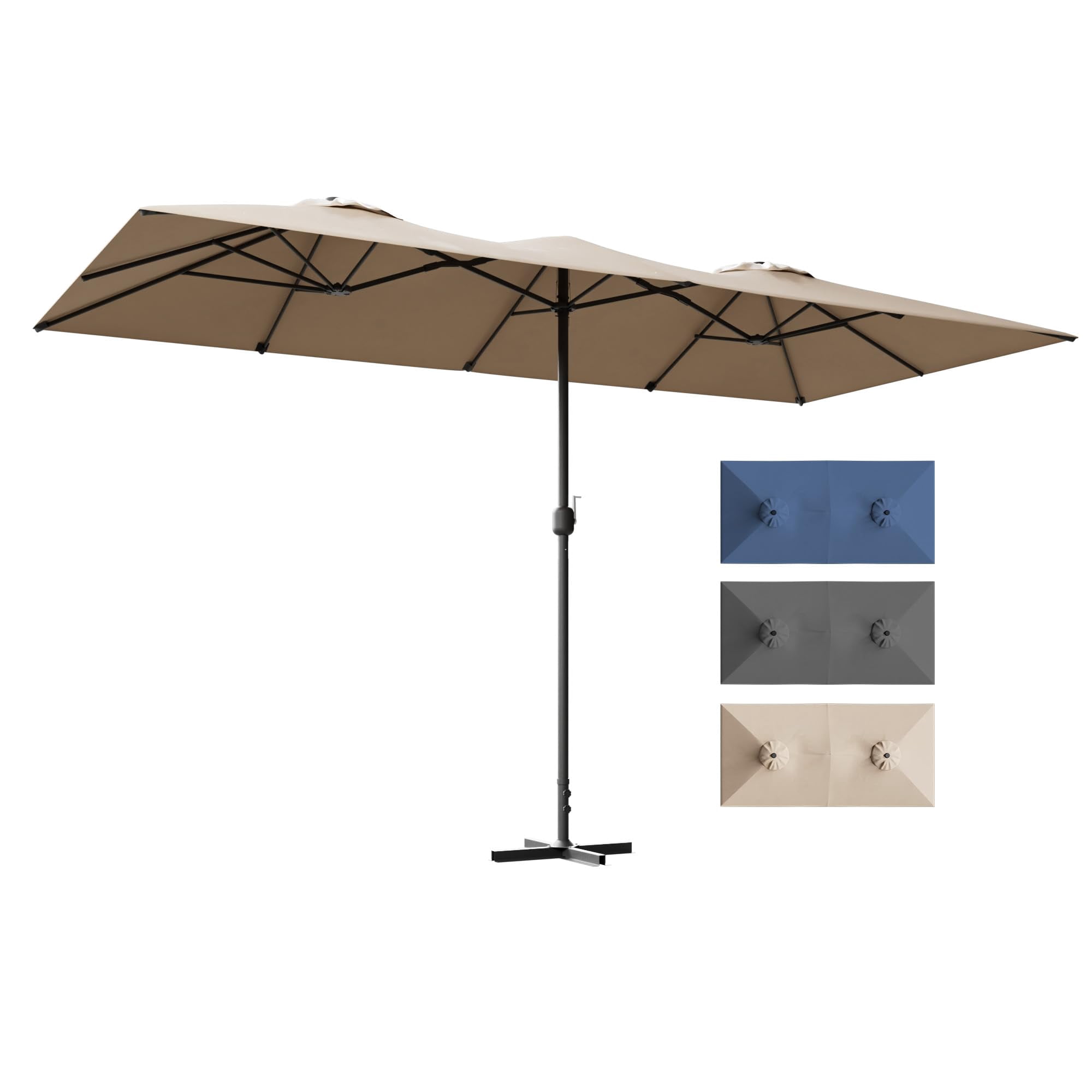 ALAULM 14FT Patio Umbrellas with Cross Base, Outdoor Double-Sided Umbrella Large Rectangle Table Market Umbrella with Crank Handle & Ribs, for Pool Lawn Garden Beige
