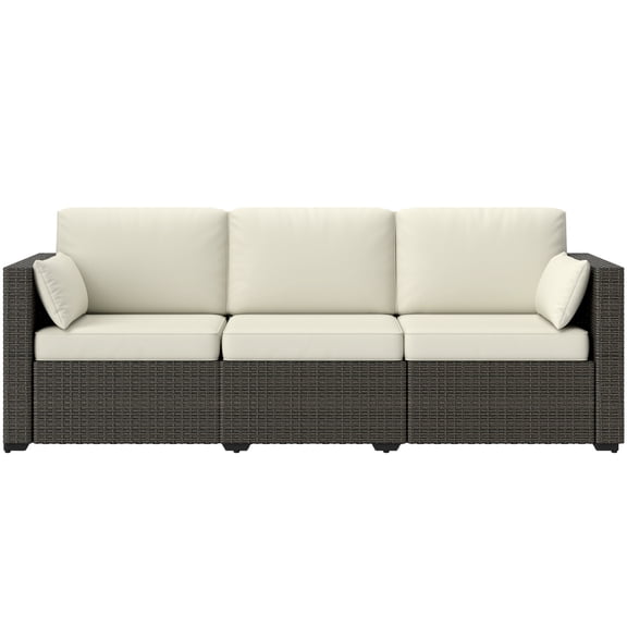 Homiyad Patio Couch PE Wicker Deep Seating Outdoor Sofa with Removable Cushions, 3 Seater Rattan Sofa, Outdoor Furniture for Balcony, Deck, Garden and Poolside, Cream White