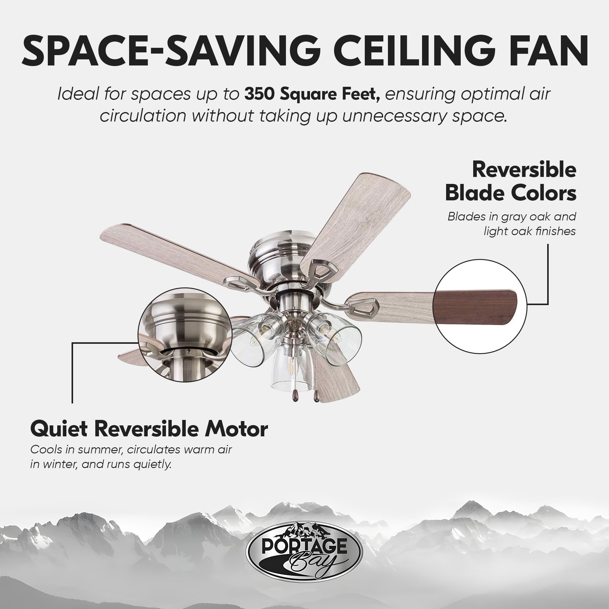 Prominence Home Renton 42'' Brushed Nickel E26 Flush Reversible Ceiling Fan with Light Kit and Pull Chain