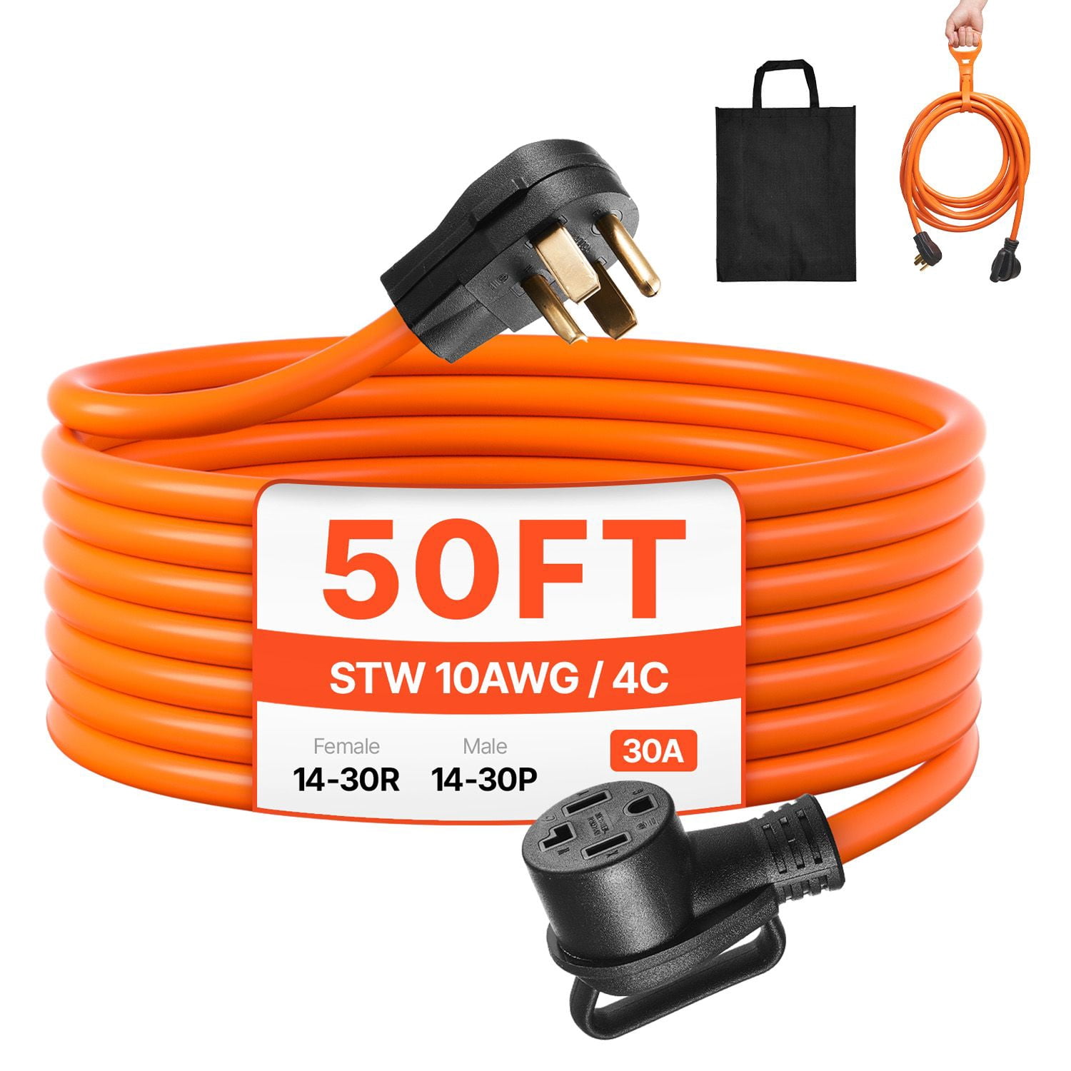 Chateauy 50FT 4-Prong Dryer Extension Cord, NEMA 14-30P/R, 125V/250V, 10AWG/4C STW Pure Copper Cable with Storage Bag & Tie