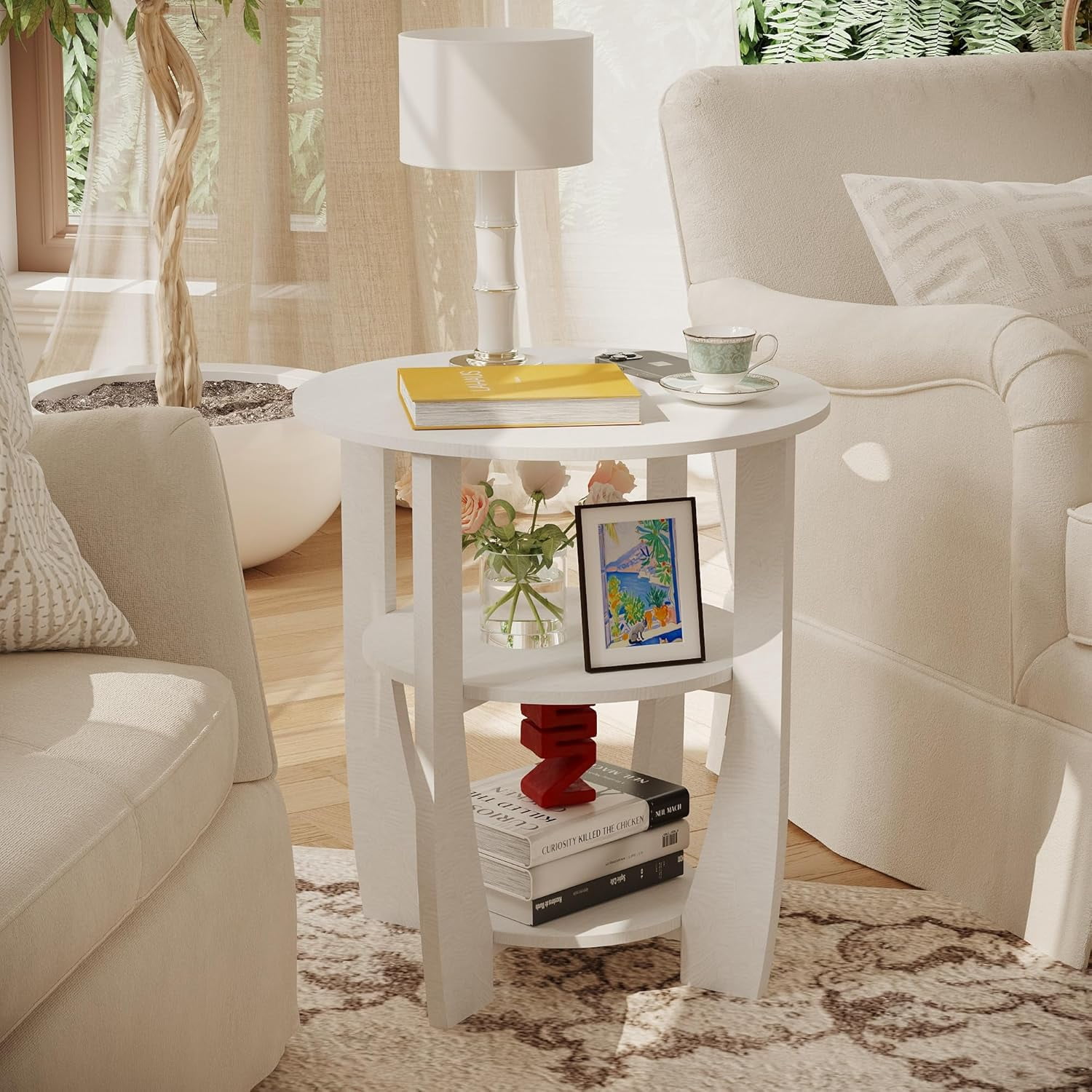 ZEXVIDA Round End Table with Storage Shelf,3 Tier Modern Side Table, Sofa Recliner Side Table,Accent Coffee Table,Nightstand for Living Room Bedroom for Small Spaces,19.7" D x 21.7" H (White)