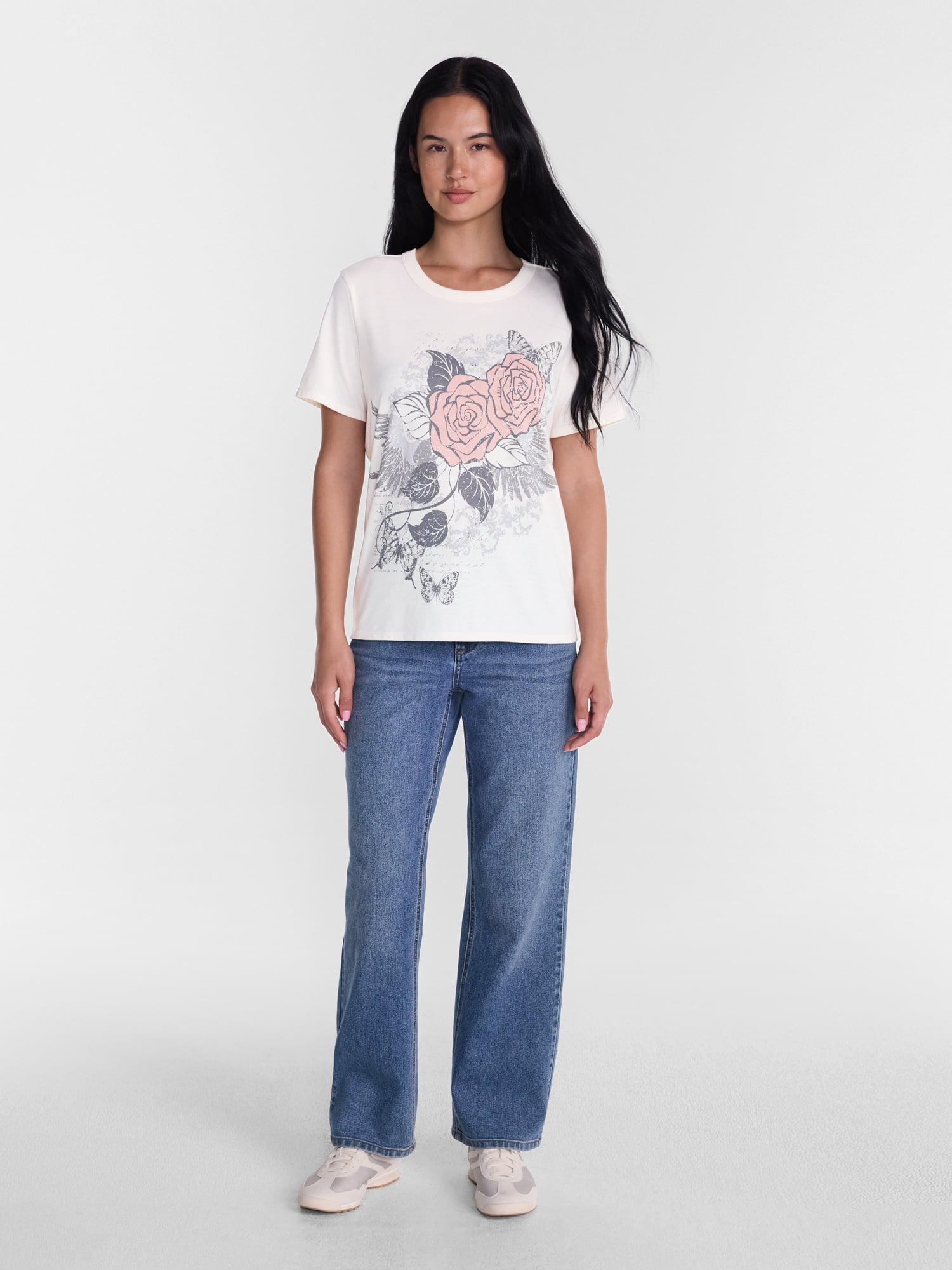 Junior's Graphic Everyday Short Sleeve Tee, Rose and Butterfly Sizes XXS-XXL