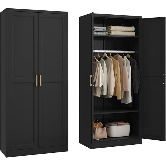 Metal Wardrobe Cabinet with Hanging Rod, 71" Tall Armoire Wardrobe Closet with 2 Doors and Adjustable Shelves, Black Clothing Storage Cabinets for Bedroom, Laundry Room, Cloak Room