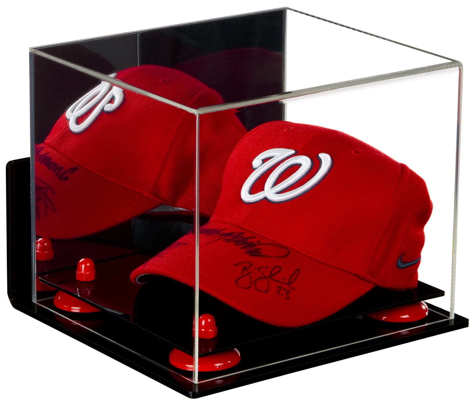 Deluxe Acrylic Baseball Cap Display Case with Red Risers Mirror and